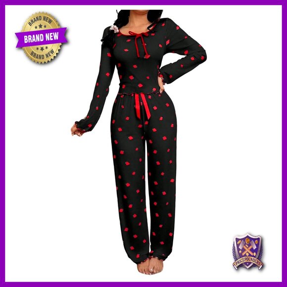 Women's Long Sleeve Pajama Set with Bow Front Polyester Blend
